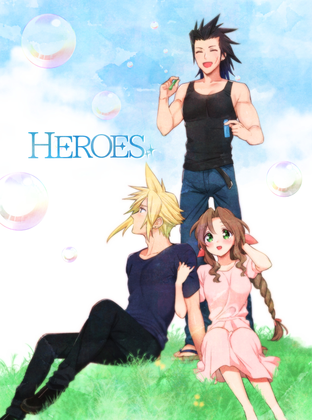 1girl 2boys aerith_gainsborough alternate_costume bangs bare_arms black_hair black_pants blonde_hair blue_shirt blush braid braided_ponytail breasts bubble bubble_blowing casual closed_eyes cloud_strife clouds cloudy_sky denim dress earrings english_text final_fantasy final_fantasy_vii final_fantasy_vii_remake foot_out_of_frame grass green_eyes hair_between_eyes hair_ribbon hair_slicked_back hand_in_own_hair holding_another's_arm jeans jewelry krudears long_hair looking_to_the_side medium_breasts medium_hair multiple_boys open_mouth outdoors pants parted_bangs pink_dress pink_ribbon ribbon sandals scar scar_on_cheek scar_on_face shirt short_hair short_sleeves sidelocks single_earring sitting sky spiky_hair standing t-shirt tank_top wavy_hair zack_fair