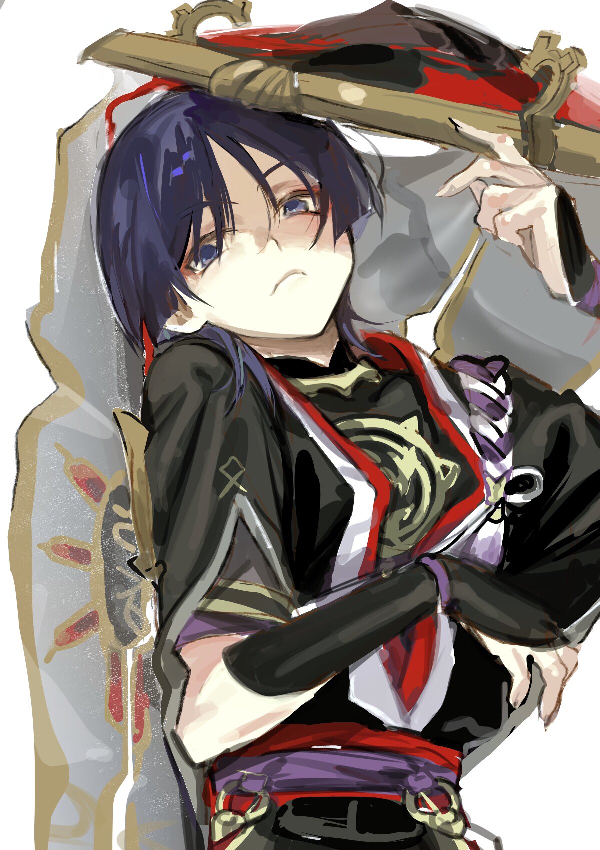 1boy black_shirt black_shorts blue_eyes blue_hair blunt_ends fingernails frown genshin_impact hair_between_eyes hat hat_removed headwear_removed highres japanese_clothes jingasa looking_at_viewer male_focus pale_skin rope scaramouche_(genshin_impact) sharp_fingernails shirt short_hair shorts solo talesofmea upper_body veil white_background wide_sleeves