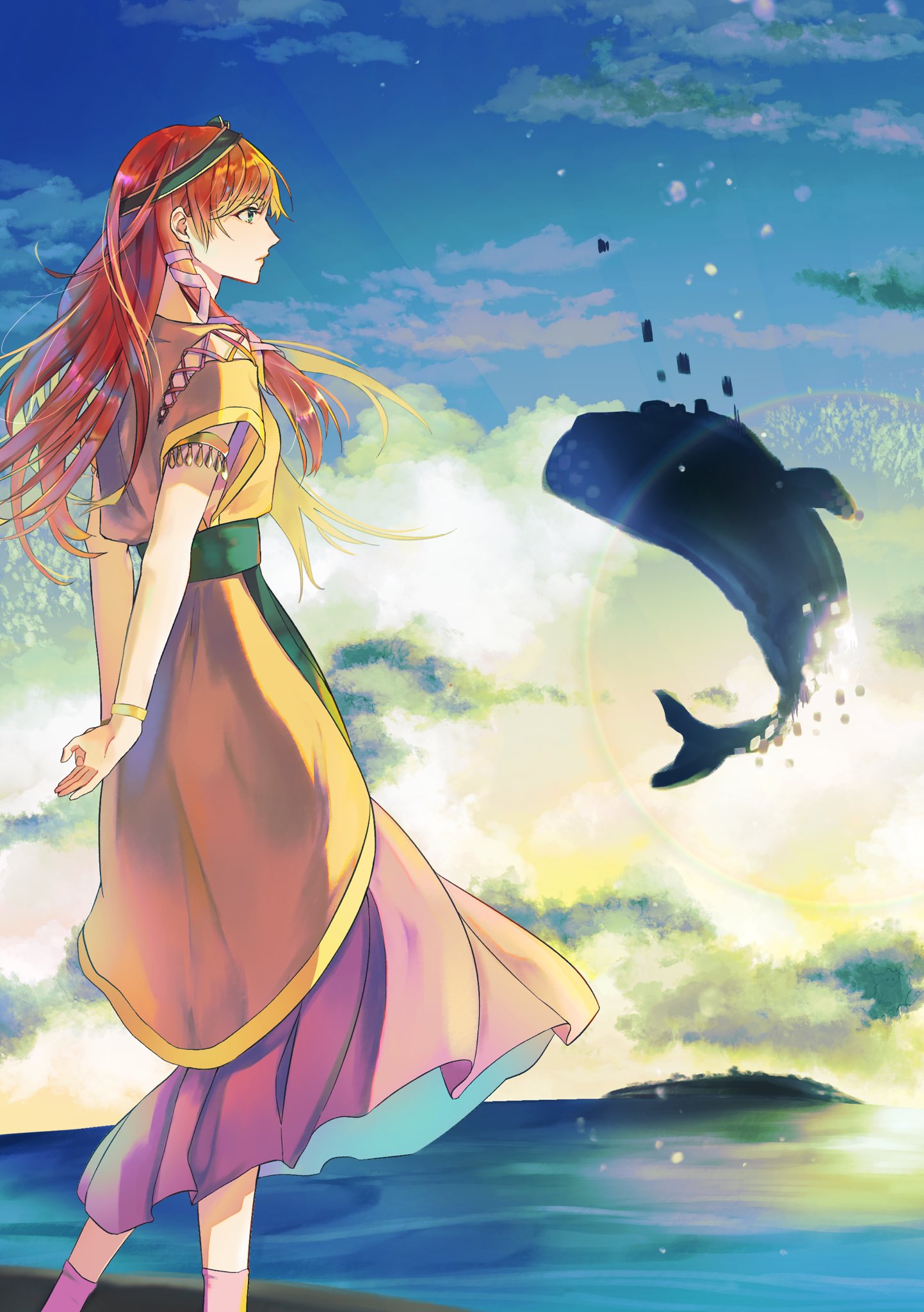 1girl armlet arms_behind_back bracelet breasts chrono_cross clouds cloudy_sky dress feet_out_of_frame green_belt green_eyes green_hairband hair_between_eyes hair_ribbon hairband highres jewelry leena_(chrono_cross) long_dress long_hair medium_breasts ocean orange_tunic outdoors profile purple_dress purple_ribbon redhead ribbon sidelocks sky solo whale zato_(chro1118)