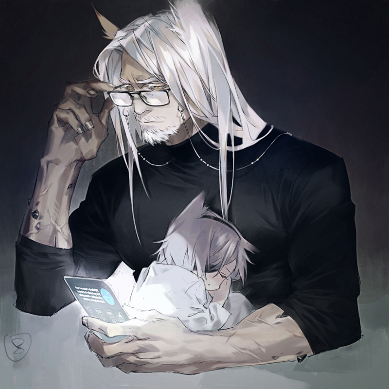 1boy adjusting_eyewear animal_ears arknights beard black_shirt character_request child eyelashes eyewear_strap facial_hair facing_to_the_side glasses grey_background grey_hair grey_nails hair_over_one_eye hand_up head_on_chest hellagur_(arknights) holding holding_phone leaning_on_person long_hair one_eye_covered oripathy_lesion_(arknights) phone reading satsiy scales shirt sleeping straight_hair tight tight_shirt toned toned_male upper_body veins white_hair white_shirt