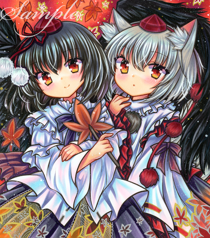 2girls animal_ear_fluff animal_ears autumn_leaves bangs bird_wings black_bow black_bowtie black_hair black_skirt black_wings blush bow bowtie closed_mouth cowboy_shot crossed_arms embellished_costume frilled_shirt frilled_shirt_collar frills grey_hair hair_between_eyes hand_fan hand_up hat hauchiwa holding holding_fan inubashiri_momiji leaf leaf_print long_sleeves looking_at_viewer maple_leaf marker_(medium) medium_hair multiple_girls parted_lips pom_pom_(clothes) print_skirt red_background red_eyes red_headwear ribbon-trimmed_sleeves ribbon_trim rui_(sugar3) sample_watermark shameimaru_aya shirt skirt smile spread_wings standing tokin_hat touhou traditional_media white_shirt wide_sleeves wings wolf_ears