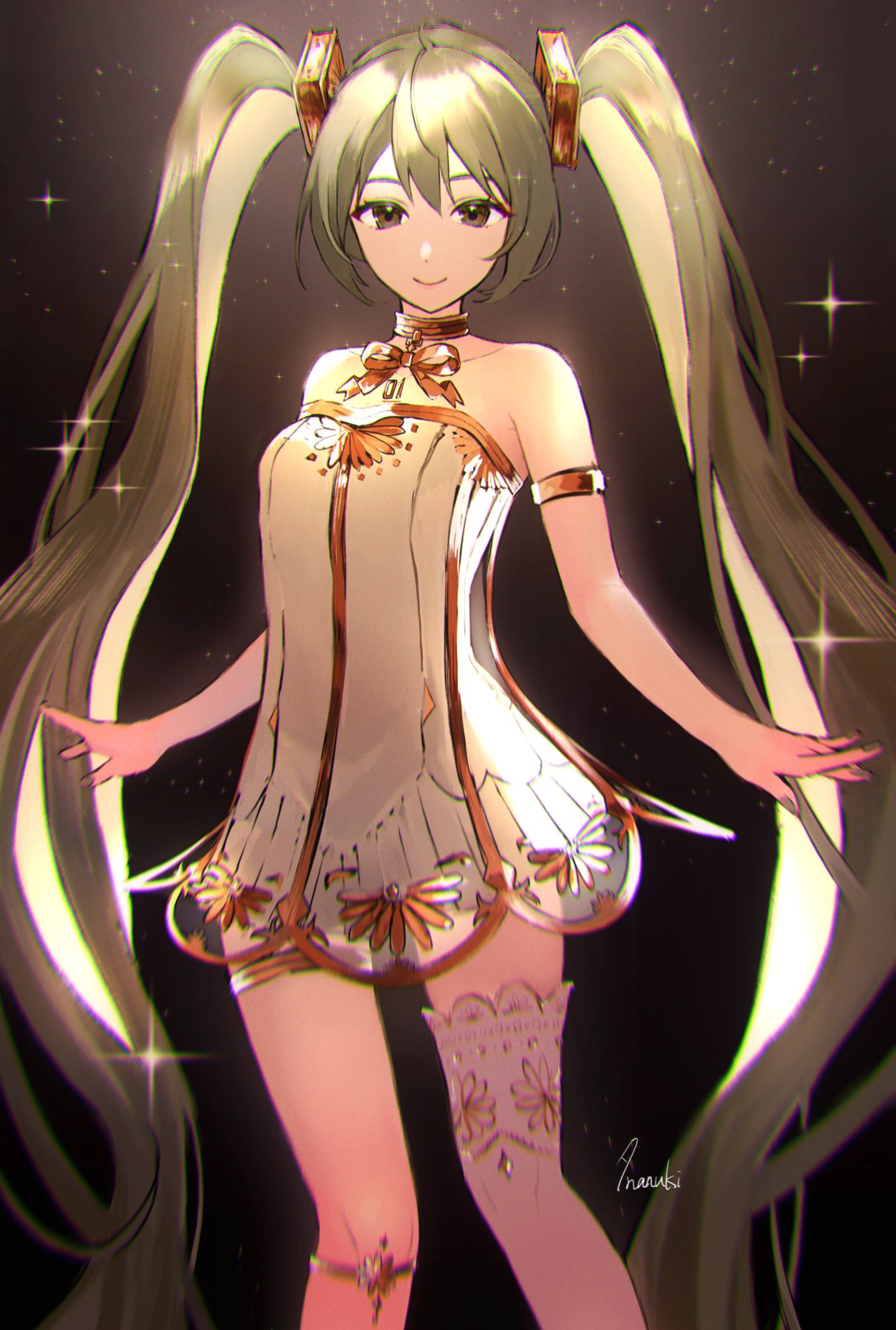 1girl armlet bare_shoulders black_background brown_eyes closed_mouth dress gold_bowtie gold_choker gold_trim gramophone_miku green_hair hair_ornament hatsune_miku highres long_hair miku_symphony_(vocaloid) see-through see-through_dress single_thighhigh smile solo sparkle strapless strapless_dress tananuki thigh-highs thighlet twintails very_long_hair vocaloid white_dress white_thighhighs