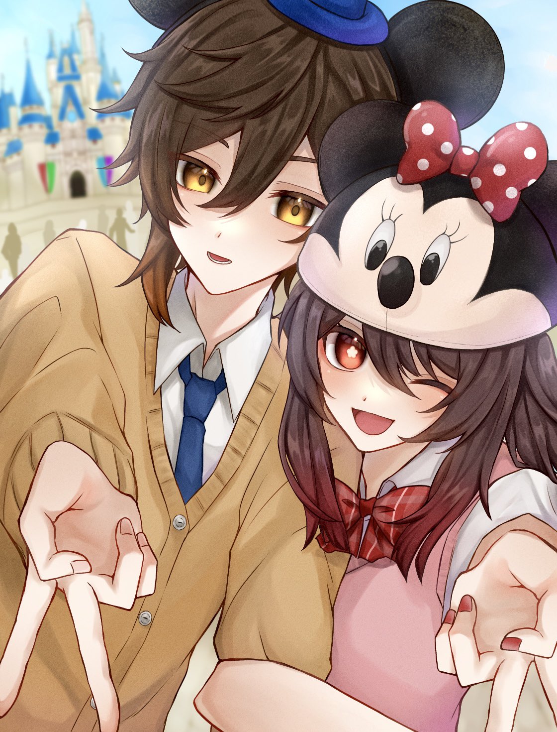 1boy 1girl alternate_costume animal_ears bangs black_hair black_headwear blurry blurry_background blush bow brown_hair castle collared_shirt colored_tips disneyland earrings eyeliner eyeshadow face-to-face flower-shaped_pupils genshin_impact gradient_hair hair_between_eyes hat highres hu_tao_(genshin_impact) jewelry locked_arms long_hair long_sleeves looking_at_viewer lower_teeth makeup mickey_mouse minnie_mouse mnst_rone mouse_ears multicolored_hair necktie one_eye_closed open_mouth outdoors outstretched_arm red_eyes red_eyeshadow red_nails school_uniform shirt sidelocks single_earring sky smile sweater sweater_vest symbol-shaped_pupils tassel tassel_earrings teeth upper_body v yellow_eyes zhongli_(genshin_impact)