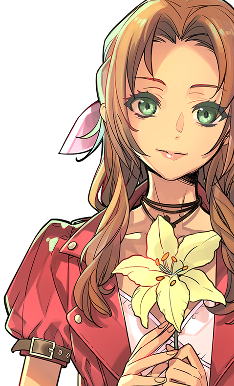 1girl aerith_gainsborough bangs brown_hair buttons choker colored_eyelashes dress final_fantasy final_fantasy_vii final_fantasy_vii_remake flower flower_choker green_eyes hair_ribbon holding holding_flower ito_noizi jacket looking_at_viewer own_hands_together parted_bangs pink_dress pink_ribbon puffy_short_sleeves puffy_sleeves red_jacket ribbon short_sleeves sidelocks smile solo upper_body wavy_hair white_background yellow_flower