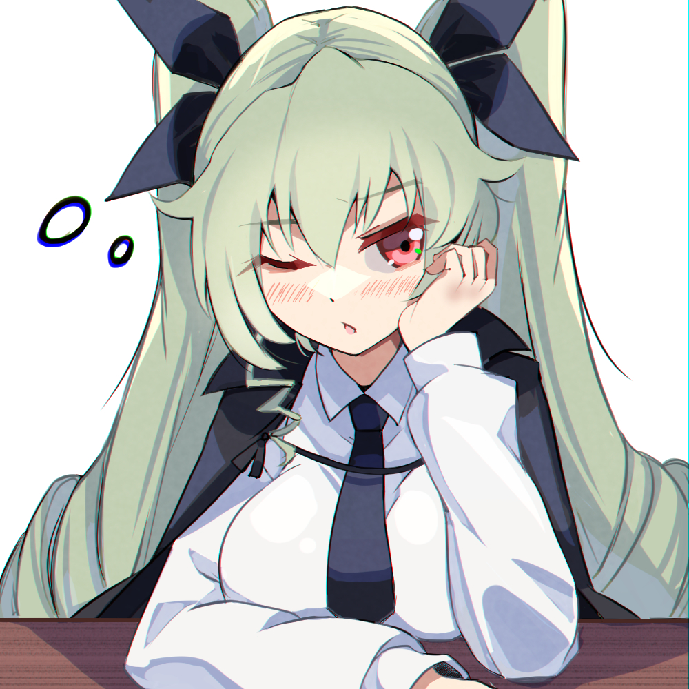 1girl ;o anchovy_(girls_und_panzer) anzio_school_uniform black_cape black_necktie black_ribbon blaze_(artist) blush breasts cape dress_shirt drill_hair girls_und_panzer green_hair hair_between_eyes hair_ribbon large_breasts long_hair long_sleeves looking_to_the_side necktie one_eye_closed red_eyes ribbon school_uniform shirt solo twin_drills twintails upper_body white_shirt wing_collar