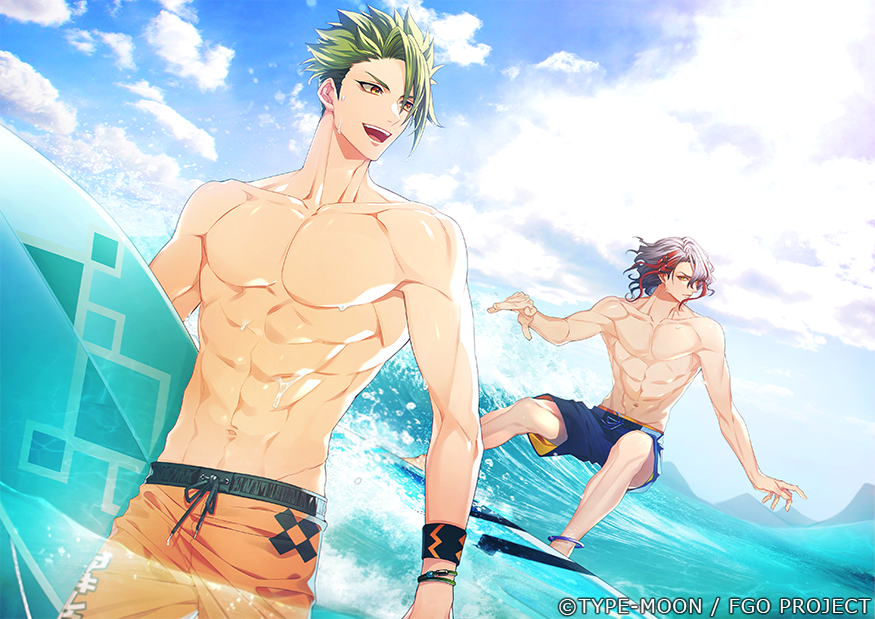 2boys :d abs achilles_(fate) anklet barefoot bracelet clouds copyright cowboy_shot day fate/grand_order fate_(series) full_body green_hair grey_hair hair_between_eyes hair_over_one_eye holding holding_surfboard jewelry looking_to_the_side male_focus male_swimwear multicolored_hair multiple_boys ocean odysseus_(fate) official_art redhead short_hair smile streaked_hair surfboard surfing swim_trunks teeth toned toned_male topless_male undercut upper_teeth wading wet wristband yellow_eyes youneko