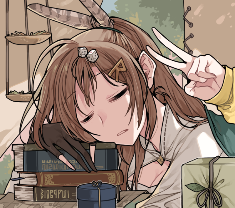 2girls ahoge black_gloves book brown_hair cleavage_cutout clipe closed_mouth clothing_cutout dice feather_hair_ornament feathers gift gloves hair_ornament hairclip hakos_baelz hololive hololive_english letter_hair_ornament long_hair multiple_girls nanashi_mumei ponytail sleeping solo_focus v virtual_youtuber