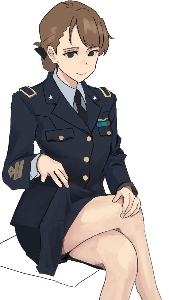 1girl black_eyes blue_jacket blue_skirt bow brown_hair buttons clothes_lift crossed_legs dress_shirt epaulettes hair_bow hand_on_leg jacket long_sleeves military military_uniform necktie original pencil_skirt perfect_han shirt short_hair simple_background sitting skirt skirt_lift solo uniform white_background