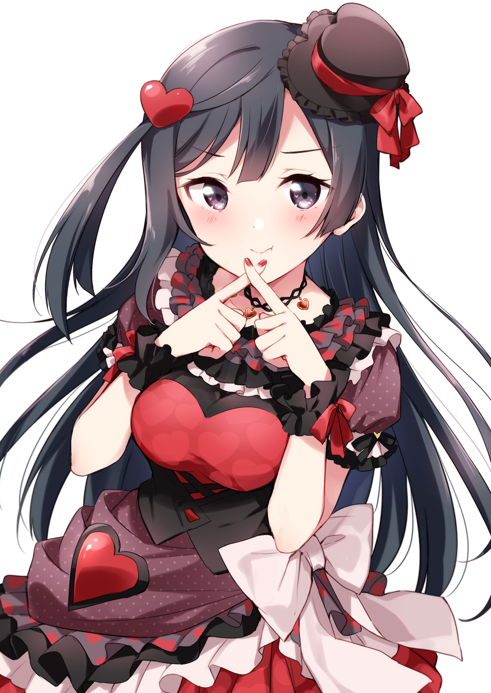 1girl bangs black_dress black_eyes black_hair black_headwear bow dress frills grey_eyes hazuki_(sutasuta) highres long_hair love_live! love_live!_nijigasaki_high_school_idol_club one_side_up red_bow solo two-tone_dress yada_(love_live!) yuuki_setsuna_(love_live!)