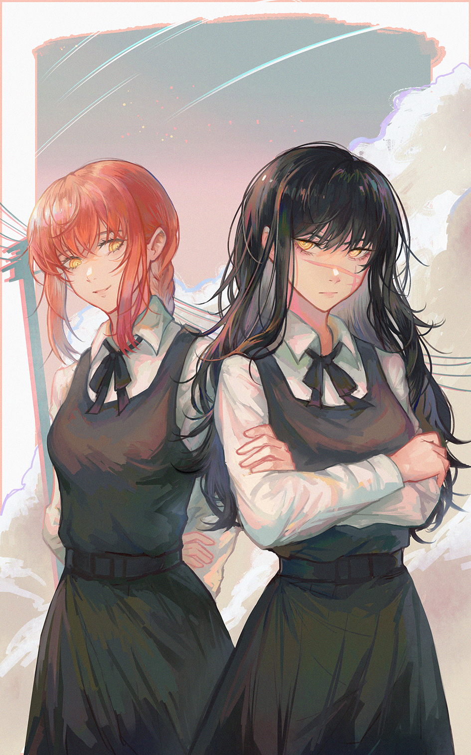 2girls arms_behind_back bangs belt black_belt black_dress black_hair braid braided_ponytail chainsaw_man clouds collared_shirt cowboy_shot crossed_arms dress eye_contact frown hand_on_own_arm highres long_hair long_sleeves looking_at_another makima_(chainsaw_man) mitaka_asa multiple_girls neck_ribbon outdoors pinafore_dress power_lines redhead ribbon ringed_eyes scar scar_on_cheek scar_on_face school_uniform shirt single_braid smile standing v-shaped_eyebrows war_devil_(chainsaw_man) white_shirt yellow_eyes zel_(o_q)