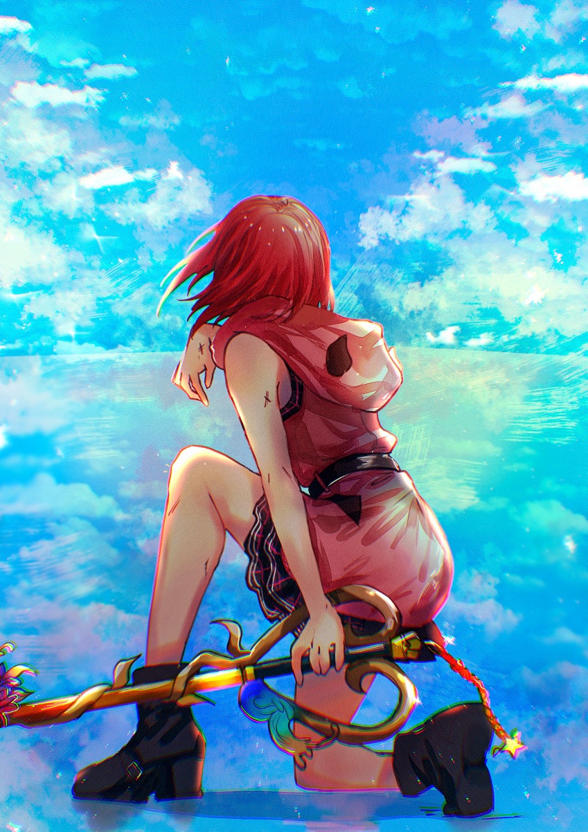 1girl bare_arms belt black_footwear boots clouds cloudy_sky dress facing_away fighting_stance from_behind full_body highres holding holding_weapon hood hood_down hooded_dress kairi_(kingdom_hearts) keyblade kingdom_hearts kingdom_hearts_iii medium_hair one_knee pink_dress pleated_dress redhead reflective_floor sera_(serappi) sky sleeveless sleeveless_dress solo weapon wiping_face