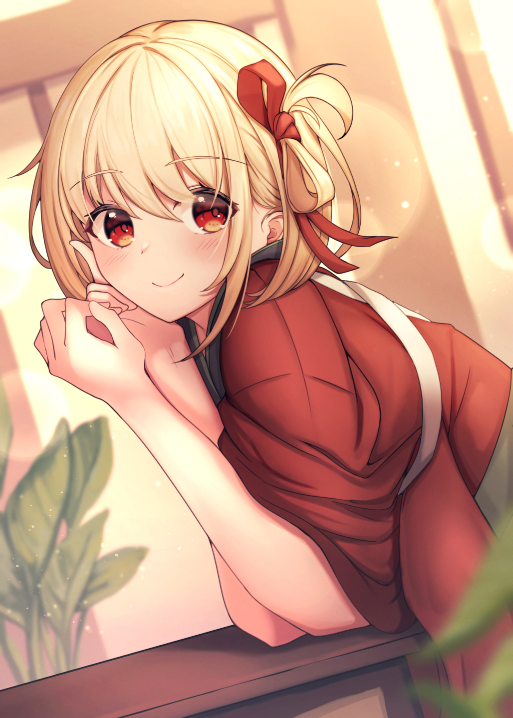 1girl bangs blurry blurry_background blush closed_mouth commentary_request hair_ribbon highres japanese_clothes kimono kogetsu_azami looking_at_viewer lycoris_recoil nishikigi_chisato red_eyes red_kimono red_ribbon ribbon short_hair smile solo