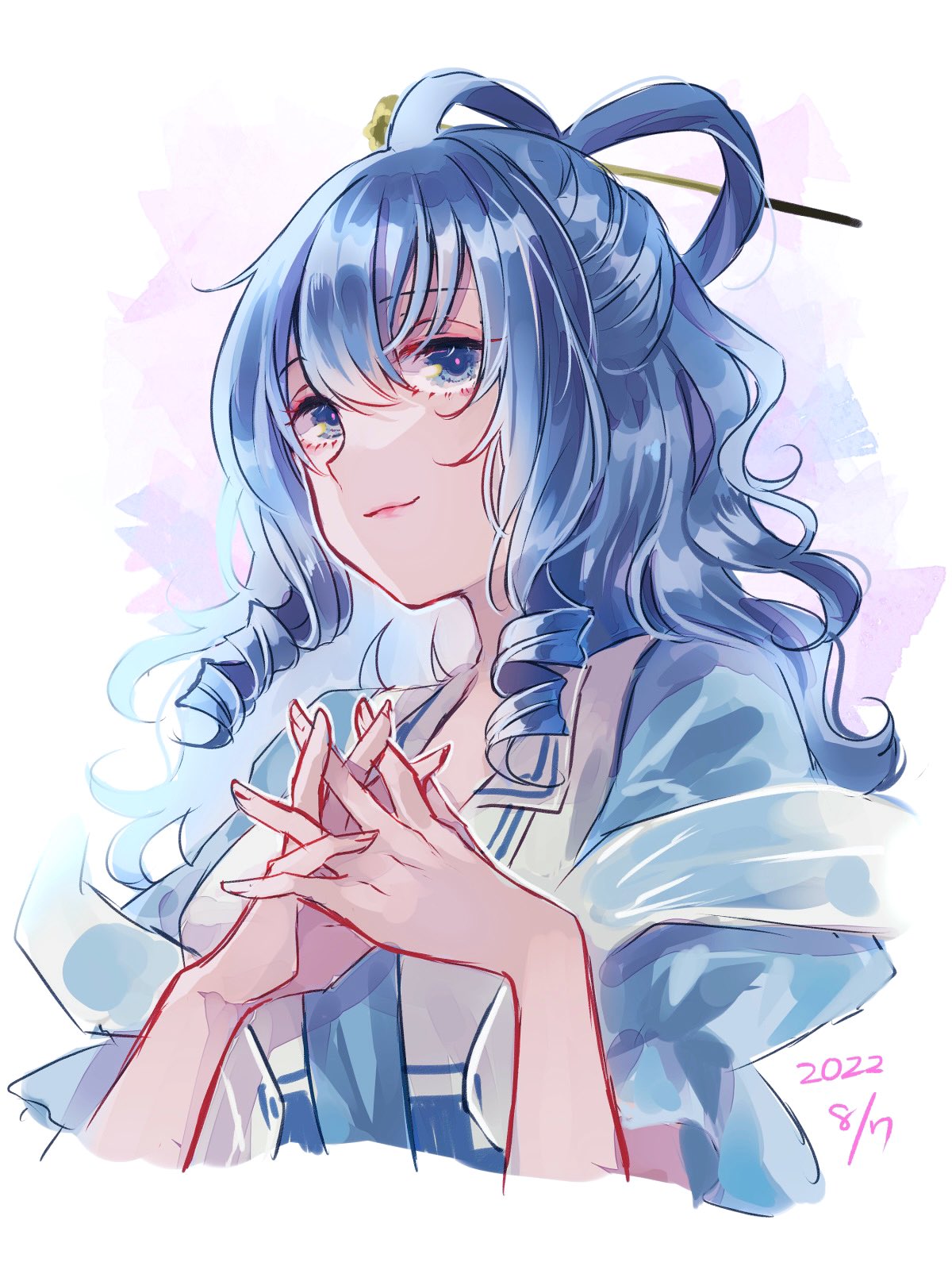 1girl blue_eyes blue_hair cropped_torso drill_hair drill_locks hair_ornament hair_rings hair_stick highres interlocked_fingers kaku_seiga m_(neteitai10) own_hands_clasped own_hands_together ringlets signature solo steepled_fingers touhou twin_drills upper_body