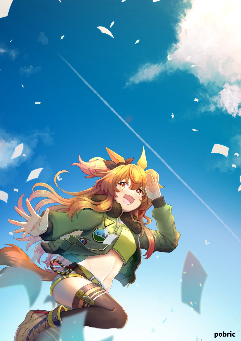 1girl animal_ears artist_name bangs belt bomber_jacket boots brown_footwear brown_thighhighs clouds confetti contrail crop_top green_jacket highres horse_ears horse_girl horse_tail jacket long_hair long_sleeves mayano_top_gun_(umamusume) midriff navel open_mouth orange_eyes orange_hair outdoors outstretched_arm pobric running salute short_shorts shorts sky smile solo tail thigh-highs two_side_up umamusume