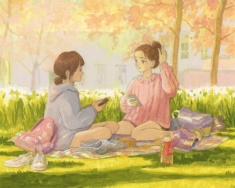 2girls backpack backpack_removed bag bento bottle brown_hair cherry_blossoms day eye_contact grass grey_hoodie hair_bun hand_up holding holding_phone hood hood_down hoodie looking_at_another medium_hair multiple_girls original outdoors phone picnic pink_socks pink_sweater shoes shoes_removed sitting socks spring_(season) sweater tree white_footwear yeyuan33