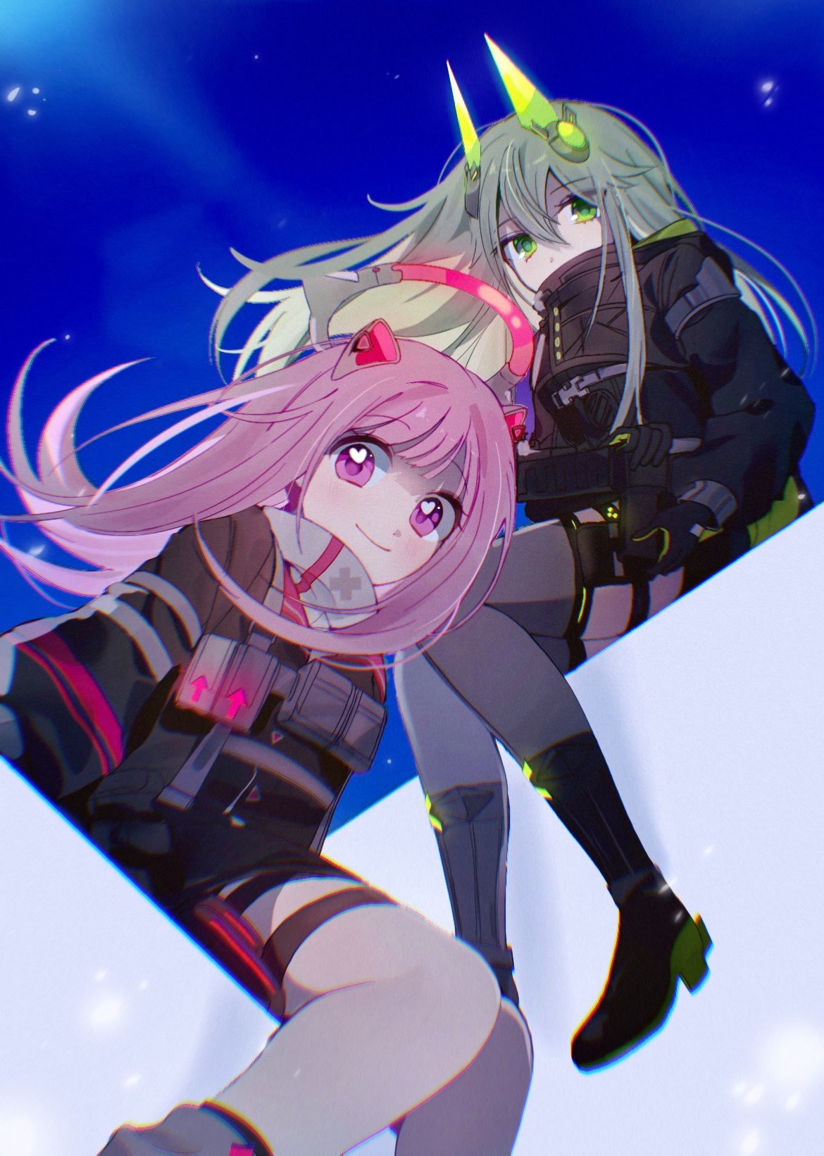 2girls bangs black_footwear black_jacket black_shorts boots commentary_request covering_mouth dress green_eyes green_hair grey_thighhighs heart heart_in_eye highres holding holding_weapon jacket korean_commentary kusanagi_nene long_hair looking_at_viewer luingppong mechanical_halo multiple_girls ootori_emu pink_eyes pink_hair project_sekai robot_ears shorts sky smile symbol_in_eye tactical_clothes thigh-highs thigh_strap weapon white_dress