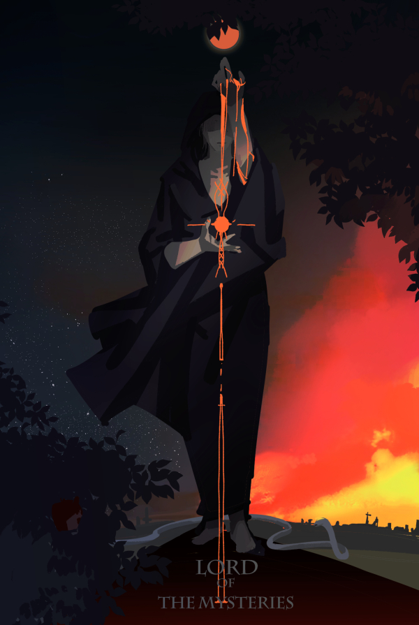 1boy adam_(lord_of_the_mysteries) ancient_sun_god arms_up black_cloak bush chinese_commentary cloak commentary_request english_text euclase faceless faceless_male hood hooded_cloak lord_of_the_mysteries moon night night_sky red_moon shadow sky solo star_(sky) starry_sky