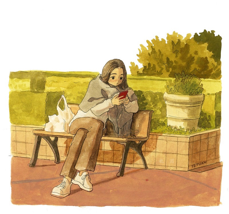 1girl artist_name bag bench black_eyes border brown_hair crossed_legs day english_commentary full_body grey_scarf hedge long_sleeves looking_at_phone original outdoors park park_bench phone plant potted_plant scarf shirt shoes shopping_bag sitting sneakers white_footwear white_shirt yeyuan33
