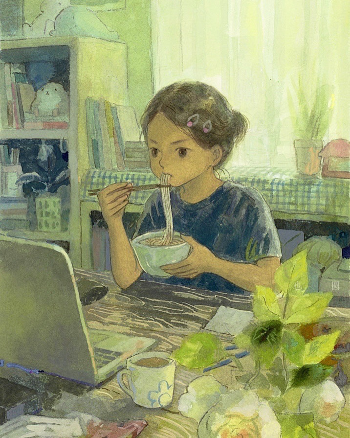 1girl black_shirt book bookshelf brown_eyes brown_hair chopsticks coffee_mug computer cup eating food hair_ornament hairclip indoors laptop mug noodles original plant potted_plant shirt sitting stuffed_hamster stuffed_toy summer t-shirt table window yeyuan33