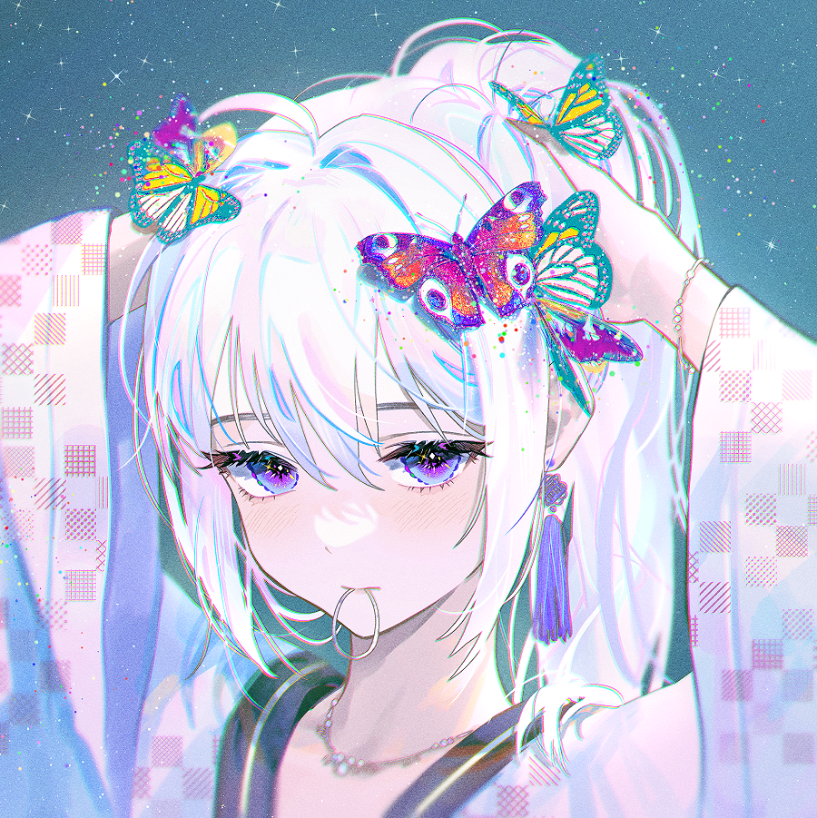 1girl ahoge bangs bug butterfly checkered_clothes checkered_kimono earrings fymrie hair_between_eyes hair_intakes hair_tie ine_(vtuber) japanese_clothes jewelry kimono long_hair long_sleeves looking_at_viewer necklace ponytail solo upper_body violet_eyes virtual_youtuber waktaverse white_hair white_kimono wide_sleeves