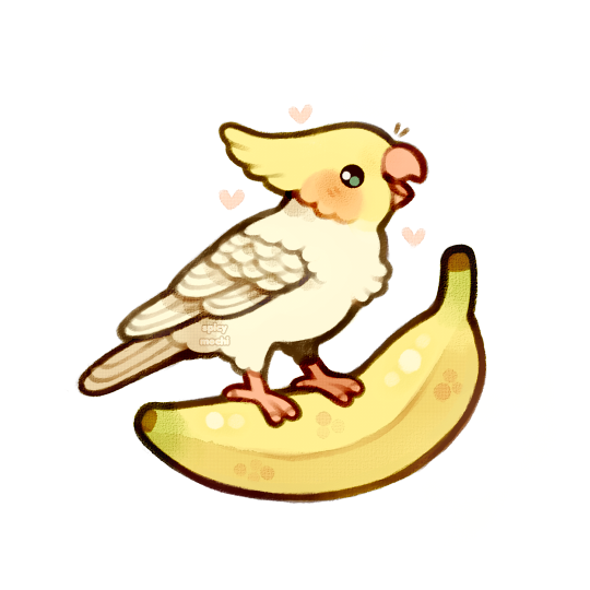 animal animal_focus banana bird chibi cockatiel commentary english_commentary feathers food fruit green_eyes heart no_humans on_food original parrot simple_background spicymochi watermark white_background yellow_feathers