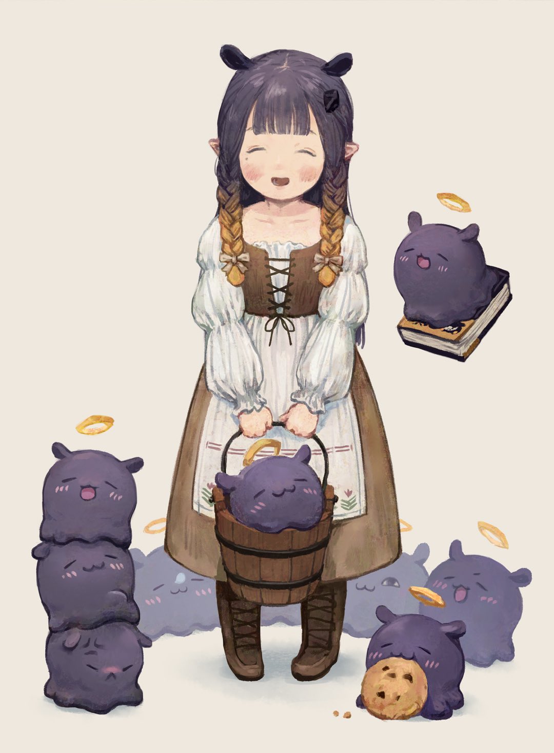 1girl ao-chan_(ninomae_ina'nis) bangs blouse blunt_bangs blush_stickers boots braid brown_footwear brown_skirt bucket closed_eyes cookie food frilled_sleeves frills full_body gradient_hair halo highres holding holding_bucket hololive hololive_english jemlington long_hair long_sleeves mole mole_under_eye multicolored_hair ninomae_ina'nis open_mouth puffy_long_sleeves puffy_sleeves purple_hair shirt simple_background skirt smile standing takodachi_(ninomae_ina'nis) twin_braids virtual_youtuber white_shirt wooden_bucket