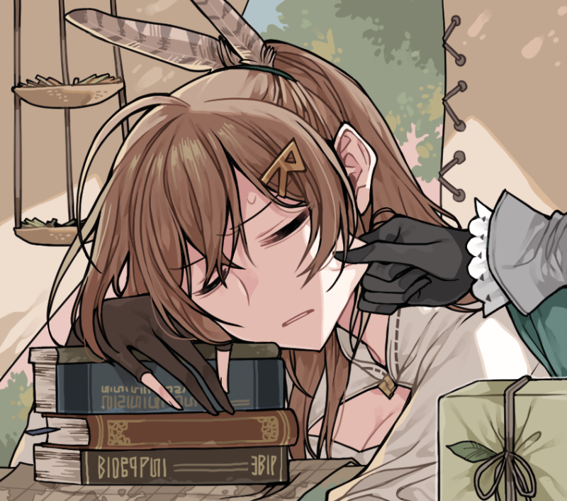 2girls ahoge black_gloves book brown_hair cheek_pinching cleavage_cutout clipe closed_mouth clothing_cutout feather_hair_ornament feathers gift gloves hair_ornament hairclip hololive hololive_english letter_hair_ornament long_hair multiple_girls nanashi_mumei ouro_kronii pinching ponytail sleeping solo_focus virtual_youtuber