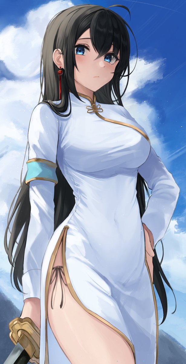 1girl ahoge armband bangs blue_eyes breasts clouds covered_navel dress hand_on_hip long_hair looking_at_viewer nao_(okt8538) outdoors panties side-tie_panties sky solo sword thighs underwear weapon white_dress