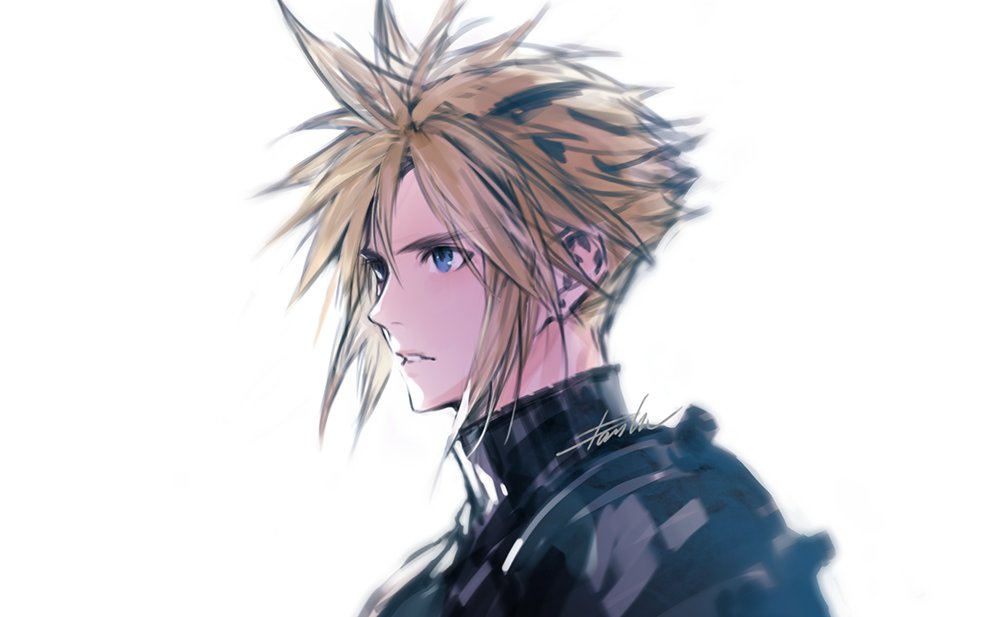 1boy armor blonde_hair blue_eyes cloud_strife danhu earrings final_fantasy final_fantasy_vii final_fantasy_vii_remake hair_between_eyes jewelry looking_to_the_side male_focus parted_lips portrait short_hair shoulder_armor signature single_earring sketch solo spiky_hair turtleneck upper_body white_background