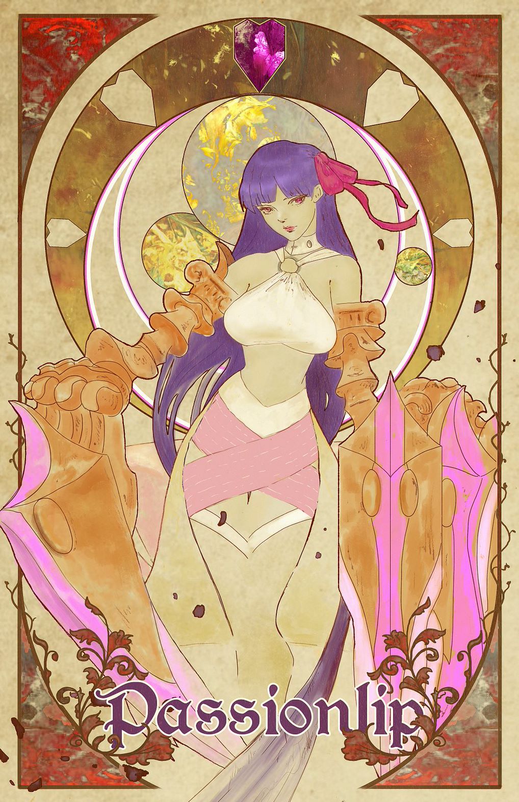 1girl alternate_breast_size art_nouveau bangs bare_shoulders breasts commission commissioner_upload fate/grand_order fate_(series) highres jonathon_reed large_breasts long_hair o-ring o-ring_top passionlip_(third_ascension)_(fate) pink_eyes pink_ribbon purple_hair ribbon solo standing very_long_hair