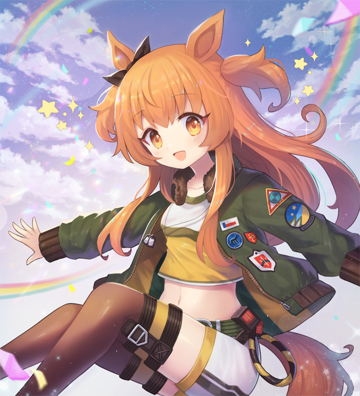 1girl animal_ears bomber_jacket clouds commentary horse_ears horse_tail jacket looking_at_viewer lunaticmed mayano_top_gun_(umamusume) midriff navel open_mouth orange_eyes orange_hair rainbow shorts sky tail thigh-highs umamusume