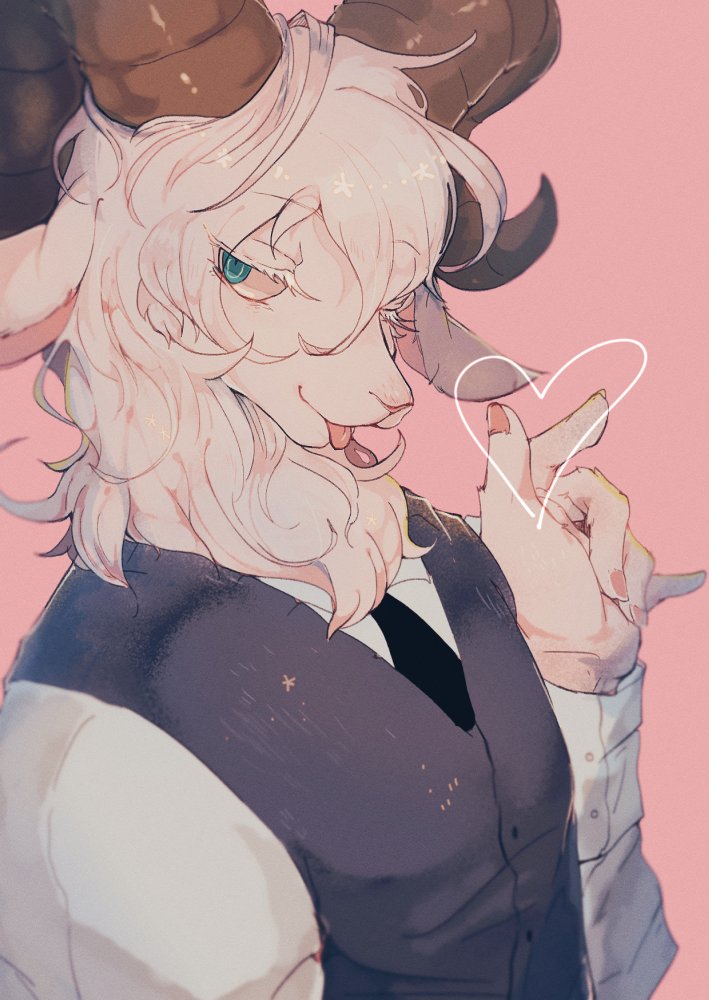 1boy :p aqua_eyes beastars bieko_(lofter) blue_eyes curled_horns eyelashes finger_heart furry furry_male hair_between_eyes hand_up heart horns male_focus necktie pina_(beastars) pink_background pinky_out red_nails sheep_boy shirt sideways_glance simple_background solo tongue tongue_out upper_body vest white_shirt