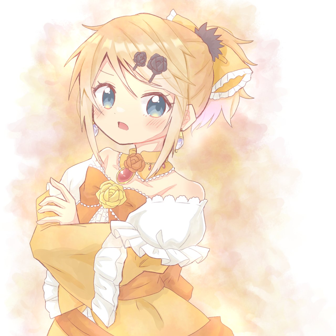 1girl aku_no_musume_(vocaloid) aquamarinu bare_shoulders blonde_hair blue_eyes blush bow brooch choker collarbone crossed_arms dress earrings evillious_nendaiki flower frilled_choker frilled_dress frilled_sleeves frills hair_bow hair_ornament hairclip highres jewelry kagamine_rin looking_at_viewer open_mouth orange_background orange_bow ponytail riliane_lucifen_d'autriche rose sidelocks solo strapless strapless_dress vocaloid wide_sleeves yellow_bow yellow_choker yellow_dress yellow_flower yellow_rose