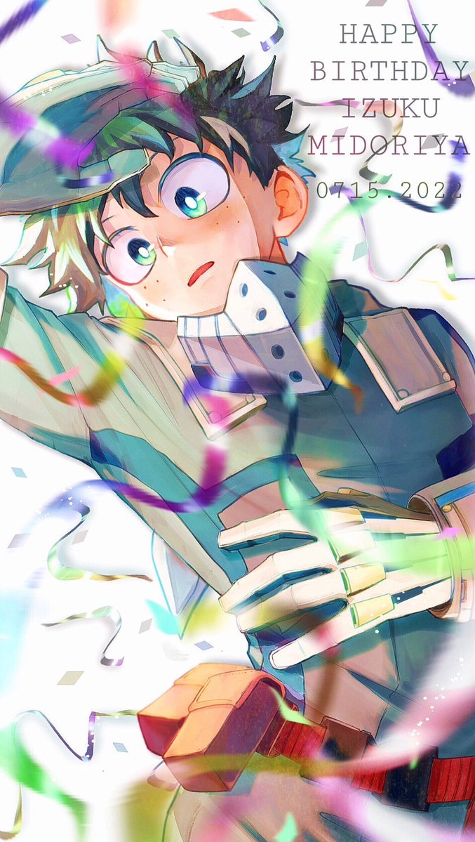 1boy bangs belt birthday blurry blurry_foreground blush bodysuit boku_no_hero_academia character_name confetti english_text freckles gloves green_bodysuit green_eyes green_gloves green_hair hand_on_own_head hand_on_own_stomach happy_birthday lying male_focus midoriya_izuku on_back parted_lips short_hair simple_background solo timestamp two-tone_gloves uni_ssansyo utility_belt white_background white_gloves