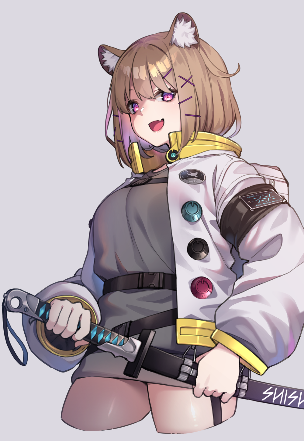 1girl animal_ears arknights armband badge breasts brown_hair button_badge colored_inner_hair commentary cowboy_shot cropped_legs drawing_sword fang grey_background grey_shirt hair_ornament hairclip highres holding holding_sword holding_weapon hood hood_down hooded_jacket jacket katana large_breasts looking_at_viewer megalateo multicolored_hair open_clothes open_jacket open_mouth purple_hair scabbard sheath sheathed shirt short_hair simple_background skin_fang smile solo standing sword thighs two-tone_hair utage_(arknights) violet_eyes weapon white_jacket x_hair_ornament