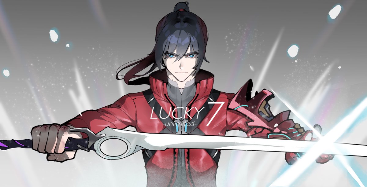 1boy bangs black_hair blue_eyes hair_tie holding holding_sword holding_weapon jacket long_hair long_sleeves looking_at_viewer lucky_seven_(xenoblade) male_focus noah_(xenoblade) nyantcha ponytail red_jacket shirt solo sword weapon xenoblade_chronicles_(series) xenoblade_chronicles_3