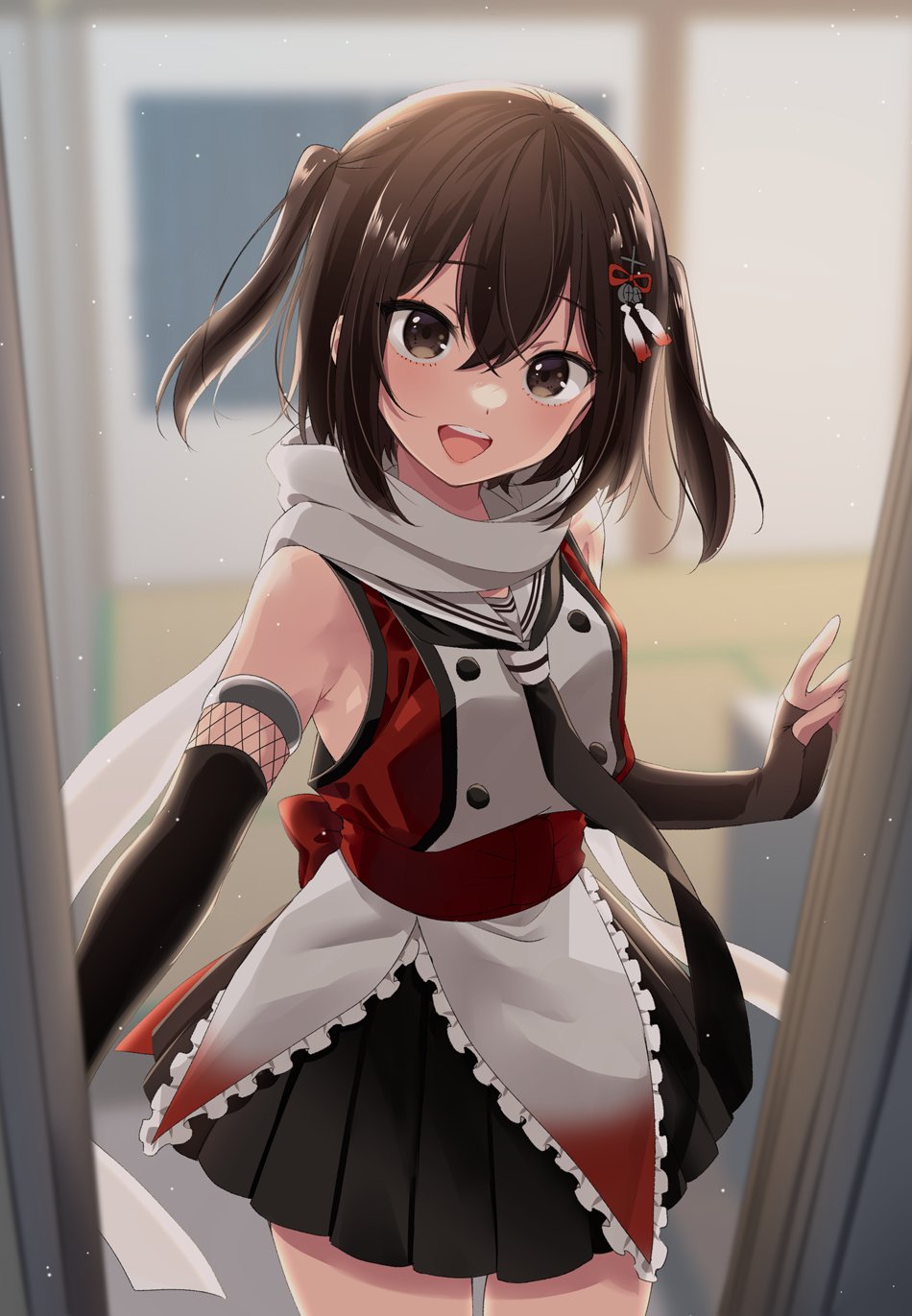 1girl black_gloves black_hair black_neckerchief black_skirt blurry brown_eyes buttons commentary_request cowboy_shot depth_of_field door double-breasted elbow_gloves fingerless_gloves gloves highres ica kantai_collection looking_at_viewer neckerchief open_mouth sailor_collar scarf school_uniform sendai_(kancolle) sendai_kai_ni_(kancolle) serafuku skirt solo standing teeth two_side_up upper_teeth white_sailor_collar white_scarf