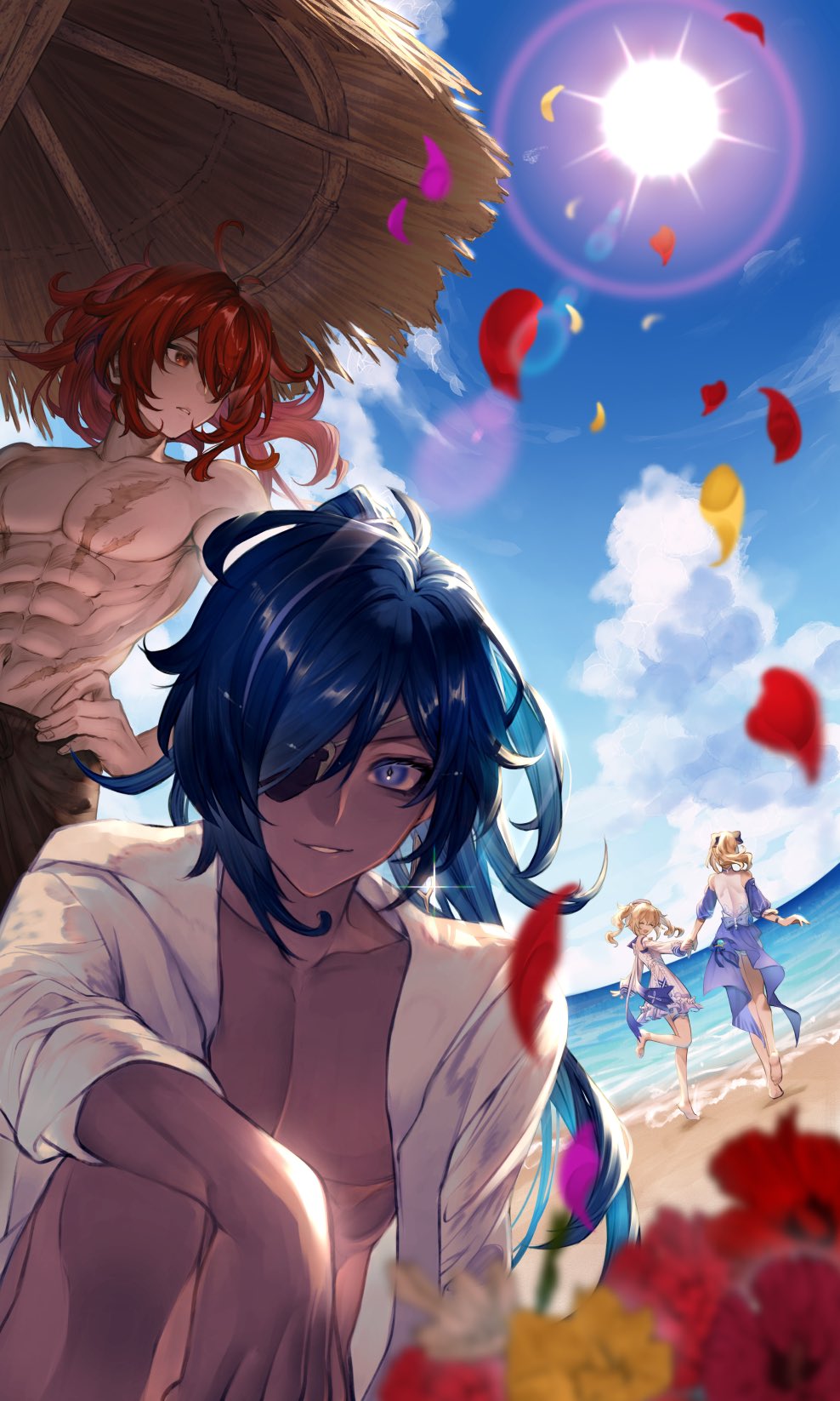 2boys 2girls :d ^_^ abs bangs barbara_(genshin_impact) barbara_(summertime_sparkle)_(genshin_impact) bare_shoulders beach black_shorts blonde_hair blue_eyes blue_hair blue_sky blurry blurry_foreground bouquet closed_eyes clouds collarbone collared_shirt dark-skinned_male dark_skin day depth_of_field diffraction_spikes diluc_(genshin_impact) drill_hair earrings eyepatch facing_away fisheye floating_hair flower genshin_impact glint hair_between_eyes hair_over_one_eye hand_on_hip happy hibiscus highres holding_hands jean_(genshin_impact) jean_(sea_breeze_dandelion)_(genshin_impact) jewelry kaeya_(genshin_impact) knee_up kokollet leg_up lens_flare light_rays long_hair looking_at_viewer looking_away looking_back male_swimwear medium_hair multicolored_hair multiple_boys multiple_girls navel ocean one_eye_covered open_clothes open_mouth open_shirt outdoors parted_bangs parted_lips petals ponytail red_eyes red_flower redhead scar scar_on_chest scar_on_stomach shirt shorts sidelocks single_earring sitting sky sleeves_rolled_up smile standing standing_on_one_leg stomach streaked_hair sun sunlight swim_trunks twin_drills water white_shirt yellow_flower