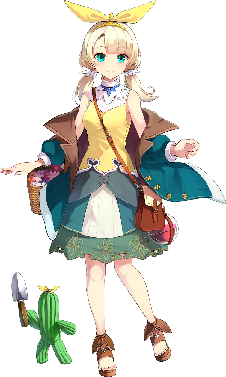 1girl aqua_coat aqua_eyes artwhirl_mahou_gakuen_no_otome-tachi asymmetrical_bangs bangs basket blonde_hair blunt_bangs bow bow_hairband closed_mouth coat emerane floria_(artwhirl) flower_basket full_body hair_between_eyes hair_bow hairband highres long_hair long_sleeves looking_at_viewer low_twintails medium_skirt nail_polish open_clothes open_coat pink_nails shirt skirt sleeveless sleeveless_shirt smile solo standing tachi-e toenail_polish toenails transparent_background twintails yellow_bow yellow_hairband yellow_shirt