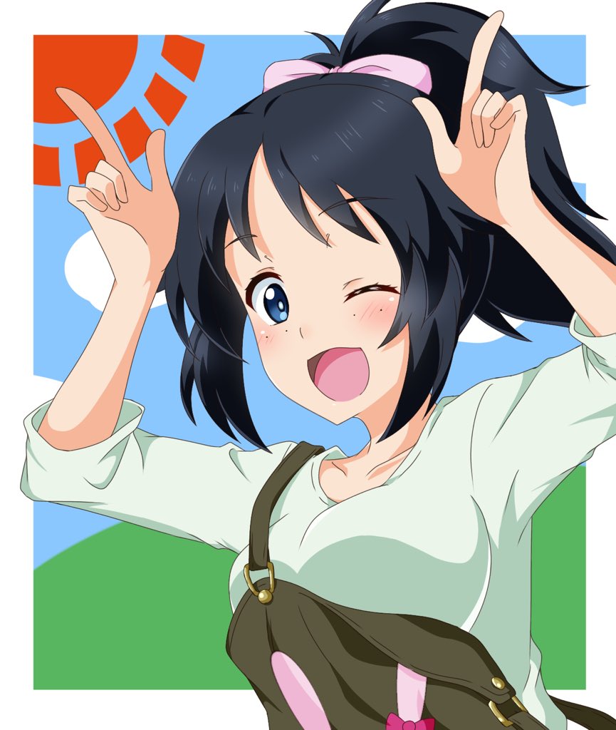 1girl ;d alternate_hairstyle bad_id bad_twitter_id bangs black_hair blue_eyes brown_overalls casual commentary freckles girls_und_panzer green_shorts hair_ribbon hair_up horns_pose long_hair long_sleeves looking_at_viewer official_alternate_costume one_eye_closed open_mouth outside_border overalls ponytail ribbon shorts smile solo tanutika upper_body white_ribbon yamagou_ayumi