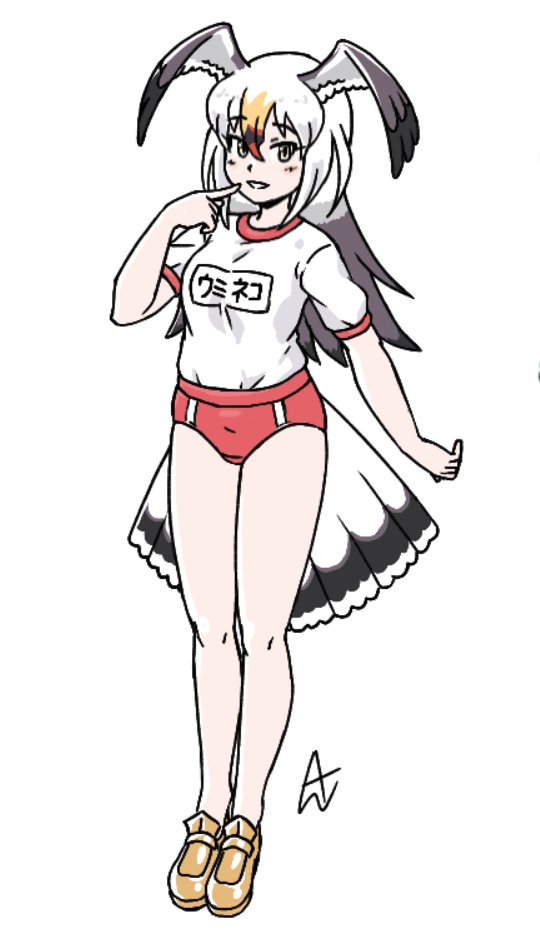 1girl acesrulez alternate_costume black-tailed_gull_(kemono_friends) black_hair blonde_hair blush buruma commentary_request finger_to_mouth full_body grey_hair gym_uniform hair_between_eyes kemono_friends loafers long_hair looking_at_viewer multicolored_hair name_tag red_buruma redhead shirt shoes short_sleeves solo t-shirt translation_request white_hair white_shirt yellow_eyes yellow_footwear