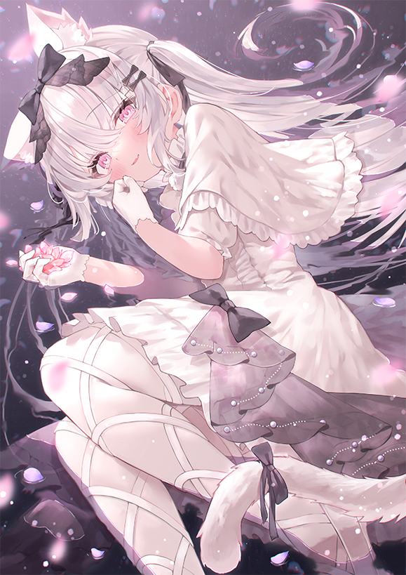 1girl animal_ear_fluff animal_ears capelet cat_ears cat_girl cat_tail dress fang gloves indie_virtual_youtuber long_hair lying on_side partially_submerged petals pink_eyes rin31153336 second-party_source shanoa_(vtuber) short_sleeves skin_fang smile tail virtual_youtuber water white_capelet white_dress white_gloves white_hair white_theme