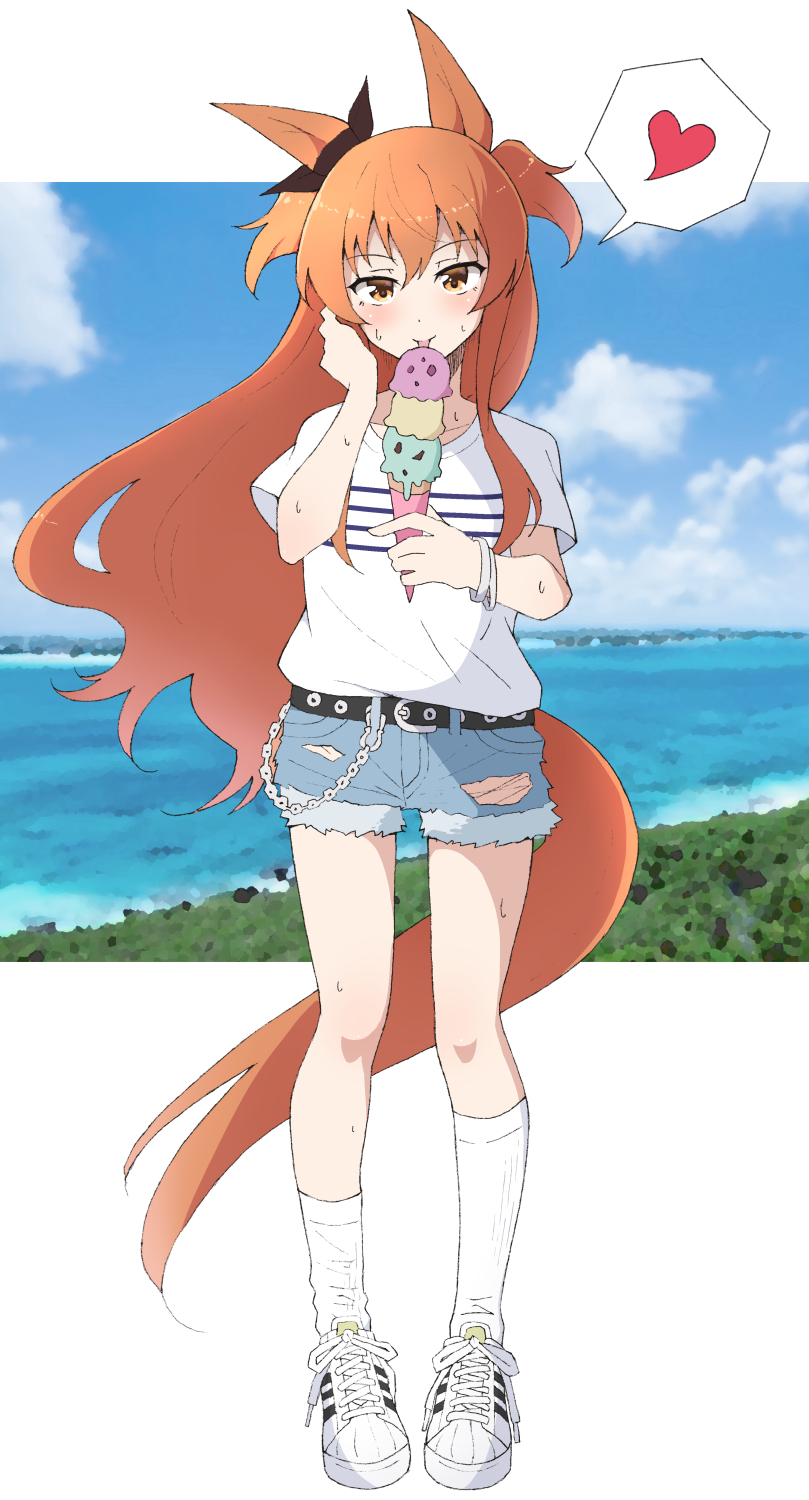1girl animal_ears bangs belt blush bracelet denim denim_shorts food full_body hand_in_own_hair heart highres holding holding_food horse_ears horse_girl horse_tail ice_cream jewelry kneehighs licking looking_at_viewer mayano_top_gun_(umamusume) nel-c orange_hair shirt shoes short_sleeves shorts sneakers socks solo spoken_heart standing sweatdrop tail tongue tongue_out two_side_up umamusume white_footwear white_shirt white_socks yellow_eyes