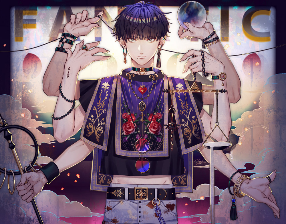 1boy ball bangs blunt_bangs bracelet chain chain_leash clouds earrings extra_arms holding holding_ball holding_wand jewelry leash looking_at_viewer m/g male_focus original ring sanpaku shiny shiny_hair short_hair solo tassel tassel_earrings tattoo tsurime upper_body wand weighing_scale