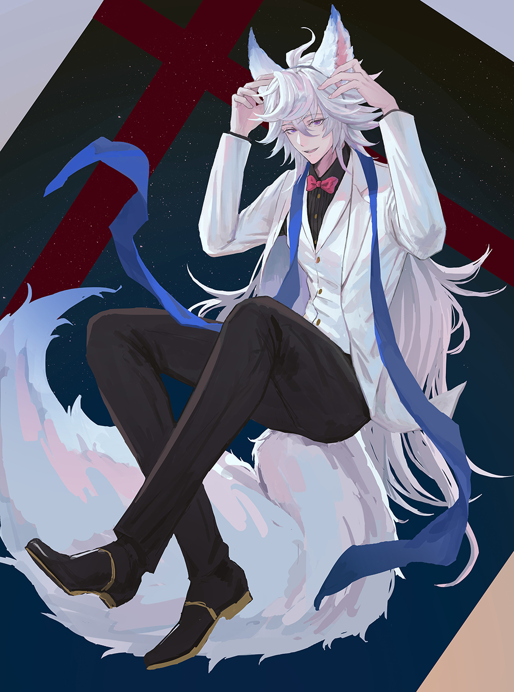 1boy 76930502 alternate_costume animal_ears bangs black_footwear black_pants bow bowtie chinese_commentary commentary_request cosplay fake_animal_ears fake_tail fate/grand_order fate_(series) fou_(fate) fou_(fate)_(cosplay) full_body hair_between_eyes highres jacket long_hair long_sleeves looking_at_viewer male_focus merlin_(fate) pants red_bow smile solo tail very_long_hair vest violet_eyes white_fur white_hair white_jacket white_vest