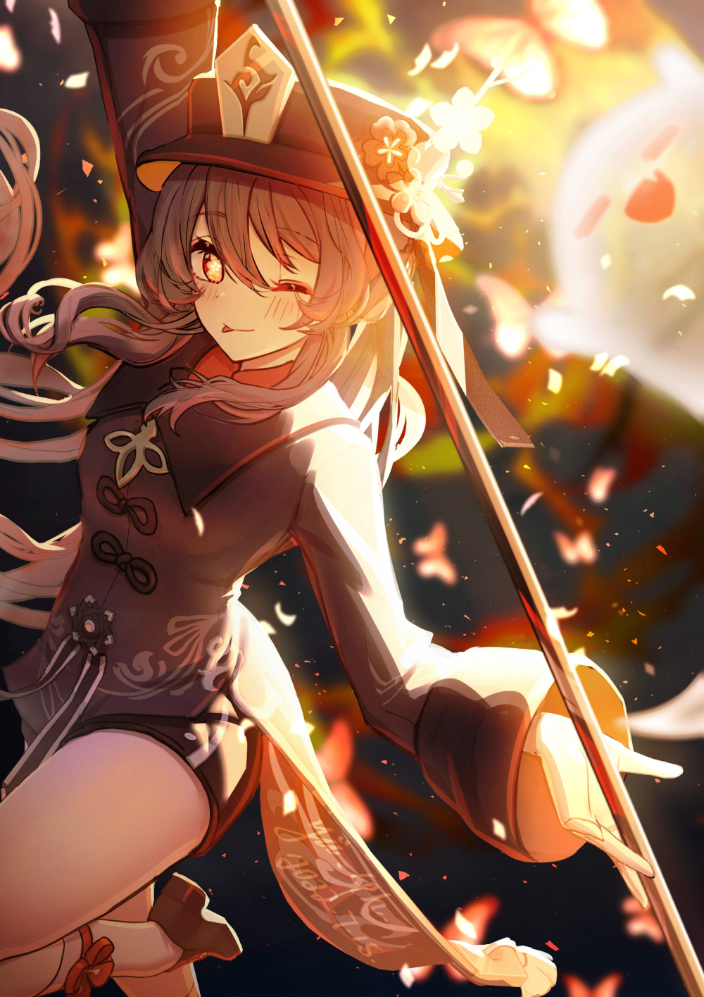 1girl :d ;p ^_^ arm_up bangs black_shorts blurry blurry_background blush boo_tao_(genshin_impact) brown_coat brown_hair brown_headwear bug butterfly closed_eyes closed_mouth coat commentary dated flower genshin_impact hair_between_eyes hat hat_flower highres holding hu_tao_(genshin_impact) jewelry light_particles long_hair long_sleeves looking_at_viewer one_eye_closed orange_eyes plum_blossoms porkpie_hat ring shoes shorts signature smile socks solo tailcoat tongue tongue_out white_socks yiiyii