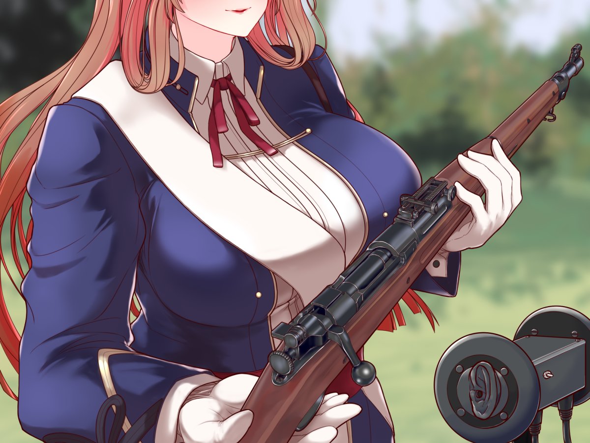 1girl asmr breasts girls_frontline gloves gun head_out_of_frame holding holding_gun holding_weapon large_breasts long_hair m1903_springfield orange_hair parted_lips rifle shimogami_migihidari solo springfield_(girls'_frontline) very_long_hair weapon white_gloves