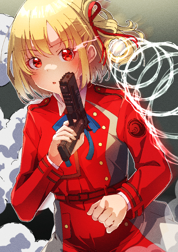 1girl :o bangs belt blonde_hair breasts bullet_trail buttons clenched_hand clouds cruzango0510 dot_nose film_grain flaming_eye gun hair_ribbon handgun holding holding_gun holding_weapon light_blush long_sleeves looking_at_viewer lycoris_recoil medium_breasts medium_hair nishikigi_chisato outline parted_lips red_belt red_eyes red_ribbon red_shirt ribbon shirt solo uniform upper_body weapon