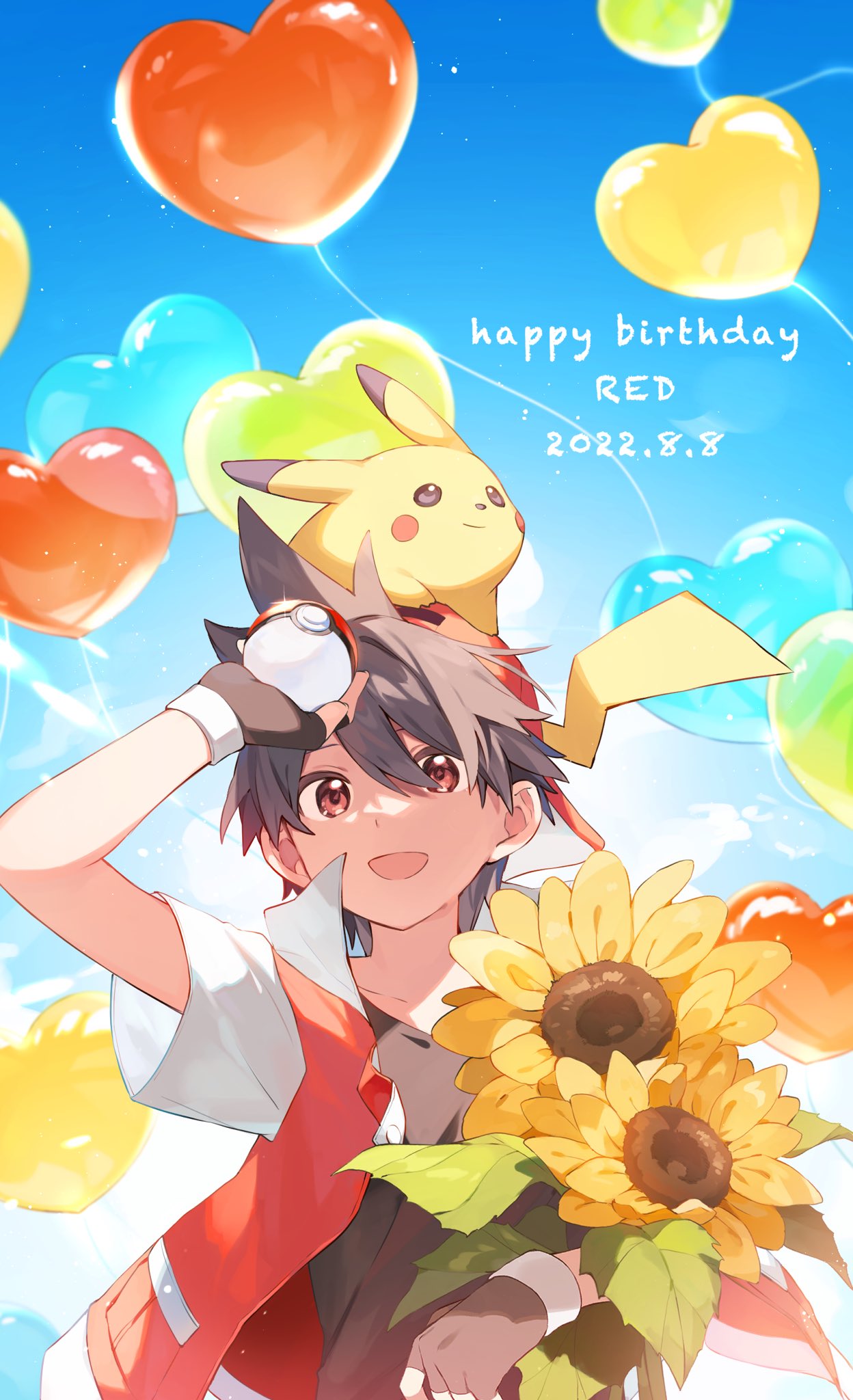 1boy backwards_hat balloon baseball_cap birthday black_shirt blue_sky bouquet brown_hair character_name dated day english_text fingerless_gloves flower gloves hair_between_eyes happy_birthday hat heart_balloon highres holding holding_bouquet holding_poke_ball jacket looking_at_viewer male_focus on_head open_clothes open_mouth outdoors pikachu pk_mamama poke_ball pokemon pokemon_(creature) pokemon_(game) red_(pokemon) red_eyes red_vest shirt short_hair short_sleeves sky smile solo spiky_hair sunflower vest yellow_flower yellow_fur