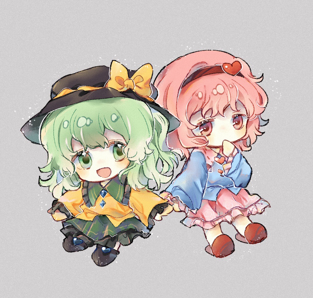 2girls :d black_footwear black_hairband black_headwear blouse blue_shirt blush bow buttons chibi chinese_commentary commentary diamond_button frilled_shirt_collar frilled_skirt frilled_sleeves frills full_body green_eyes green_hair green_skirt grey_background hair_ornament hairband hand_to_own_mouth hat hat_bow heart heart_button heart_hair_ornament holding_hands komeiji_koishi komeiji_satori long_hair long_sleeves looking_at_viewer medium_hair multiple_girls open_mouth pink_eyes pink_hair pink_skirt red_footwear ribbon_trim shirt shoes siblings simple_background sisters skirt slippers smile touhou wavy_hair wide_sleeves xi_(50181439) yellow_bow yellow_shirt